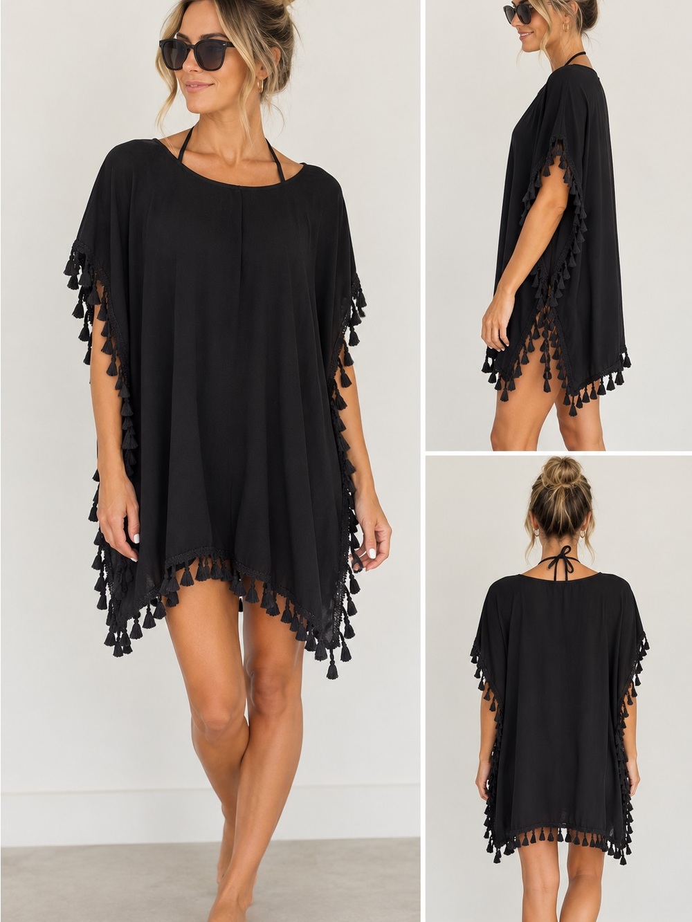 Black Tassel-Trim Swim Beach bathing suit Coverup